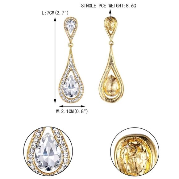Yellow Gold with White Diamond Austrian Crystal Dual Dangling Teardrop Earrings - Picture 4 of 4